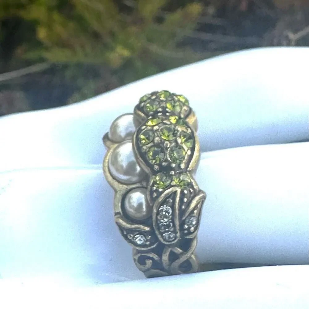Heidi Daus Pearl & Green Crystal Band Ring
